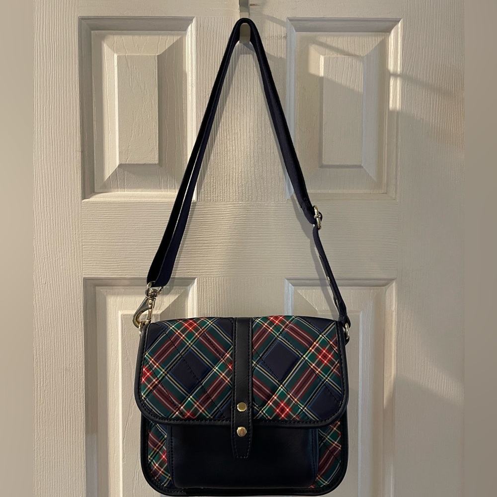 Talbots Navy Plaid Crossbody Bag with Red and Green Accents